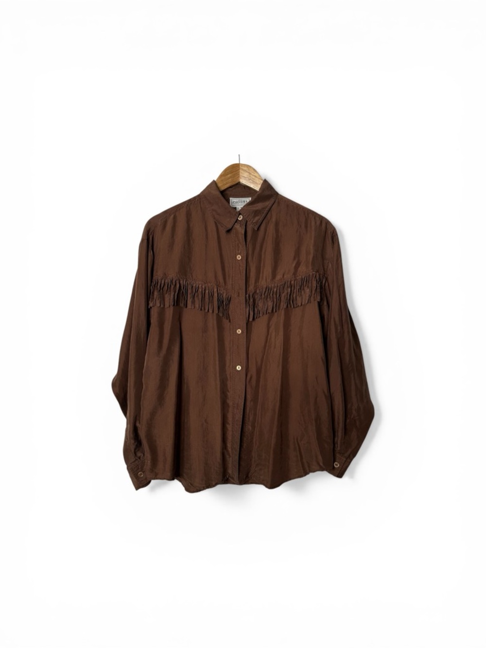 Vintage CROQUET CLUB Brown Fringe Silk Button-Up Shirt Medium